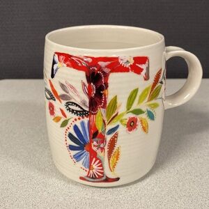 Anthropologie Starla M Halfmann Letter T Floral Ceramic Mug Monogram Initial
